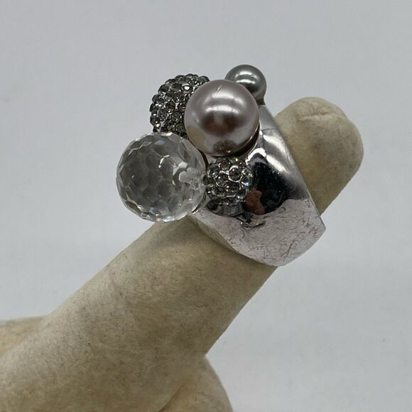 Statement Ring w/ Faux Pearl, Rhinestones and Crystal Decor on Silver Tone - Picture 3 of 5